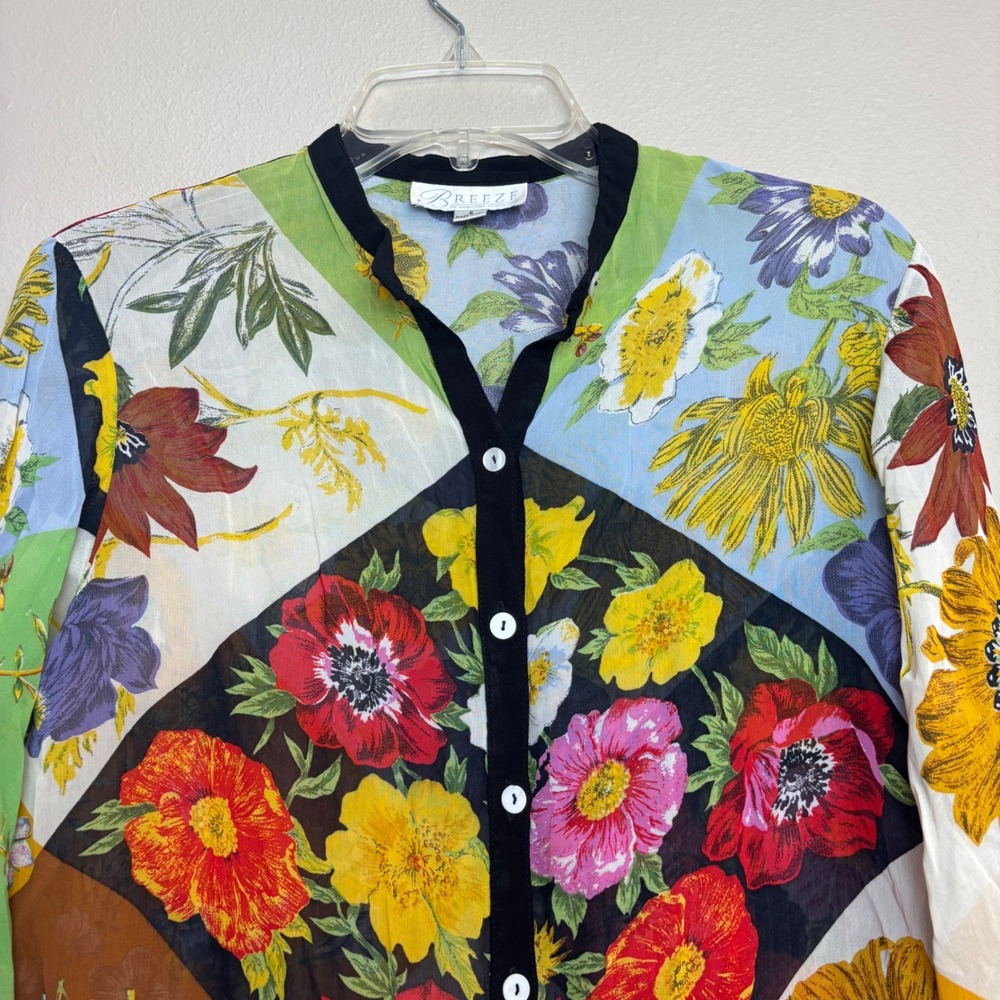 Vintage 90s Patchwork Floral Blouse Sheer Button Top Womens Small S Cottage Boho - Picture 8 of 16